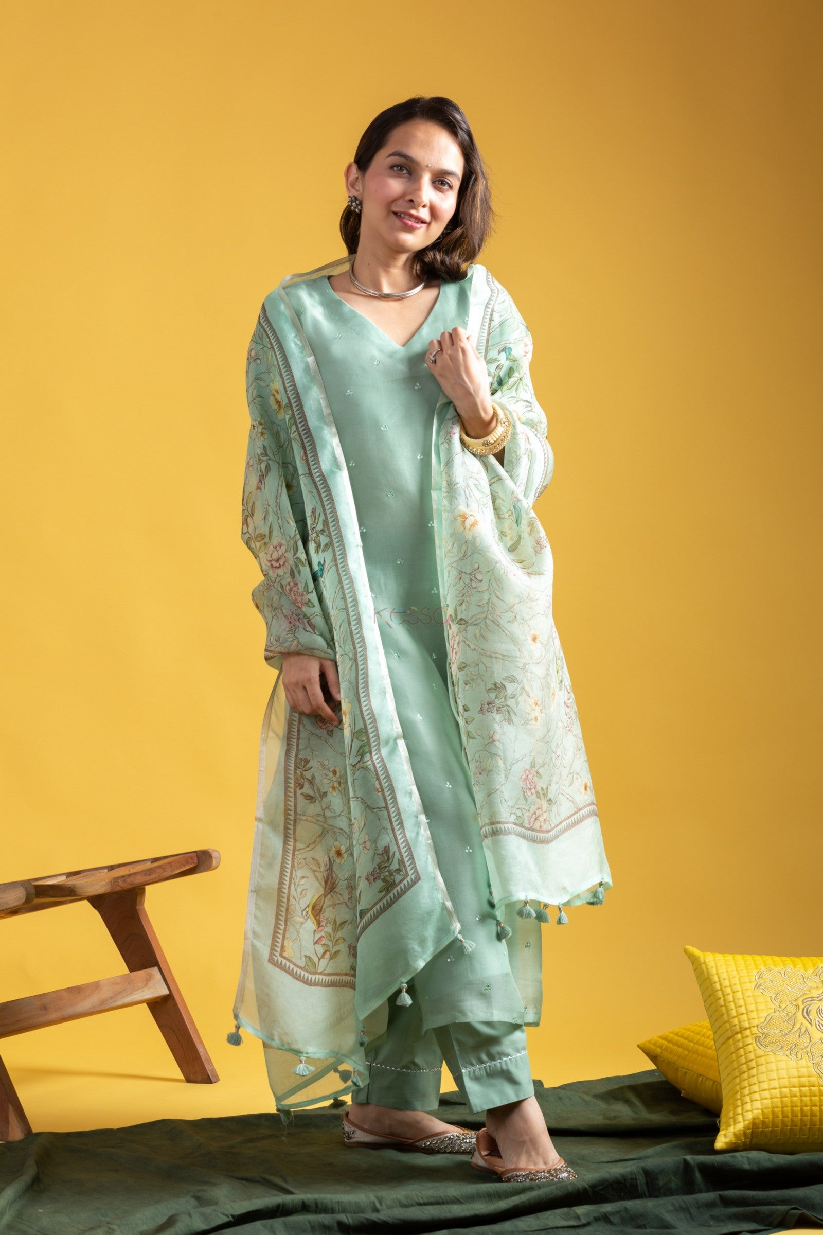 Viscose Chanderi Embroidered Kurta Pant Dupatta Set – Aqua Green