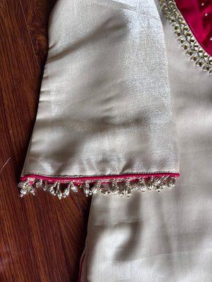 Roman Glass Silk Embroidered Kurti + Blouse + Palazzo Set – Ivory & Rani Pink