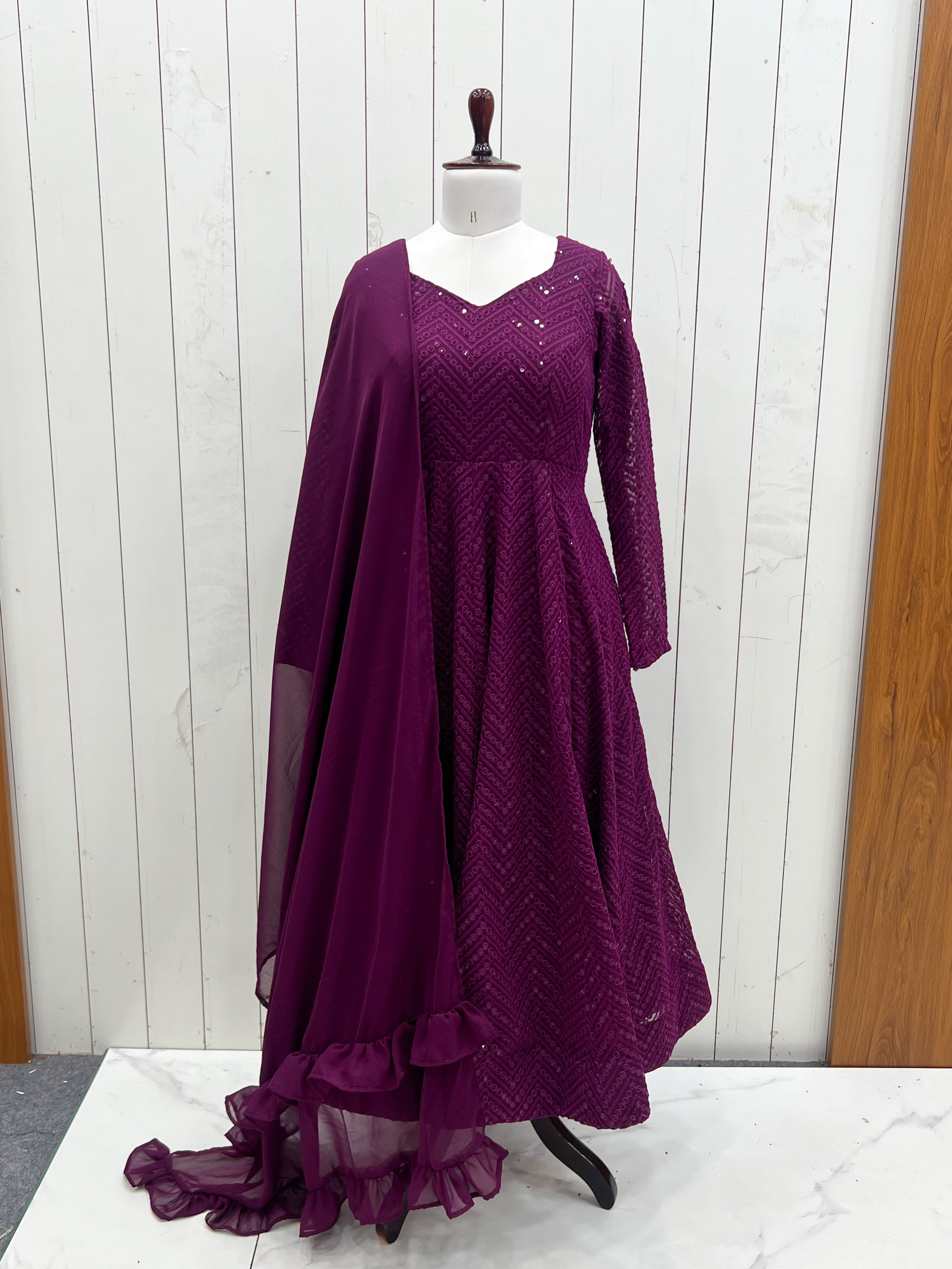 Georgette Embroidered Anarkali Set – Wine