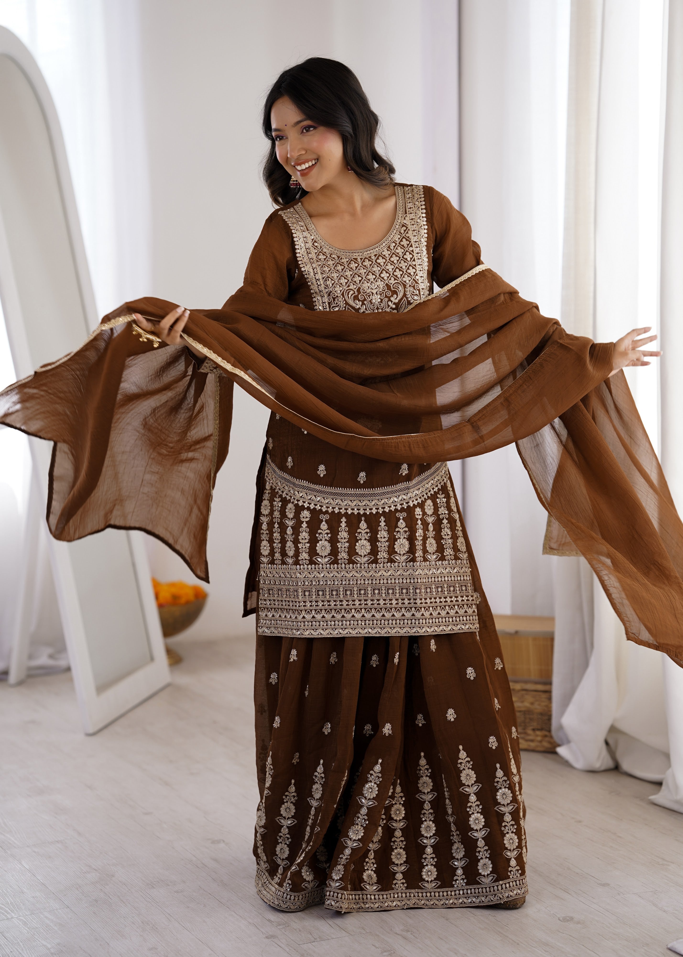 Crunchy Silk Embroidered Sharara Set – Coffee Brown