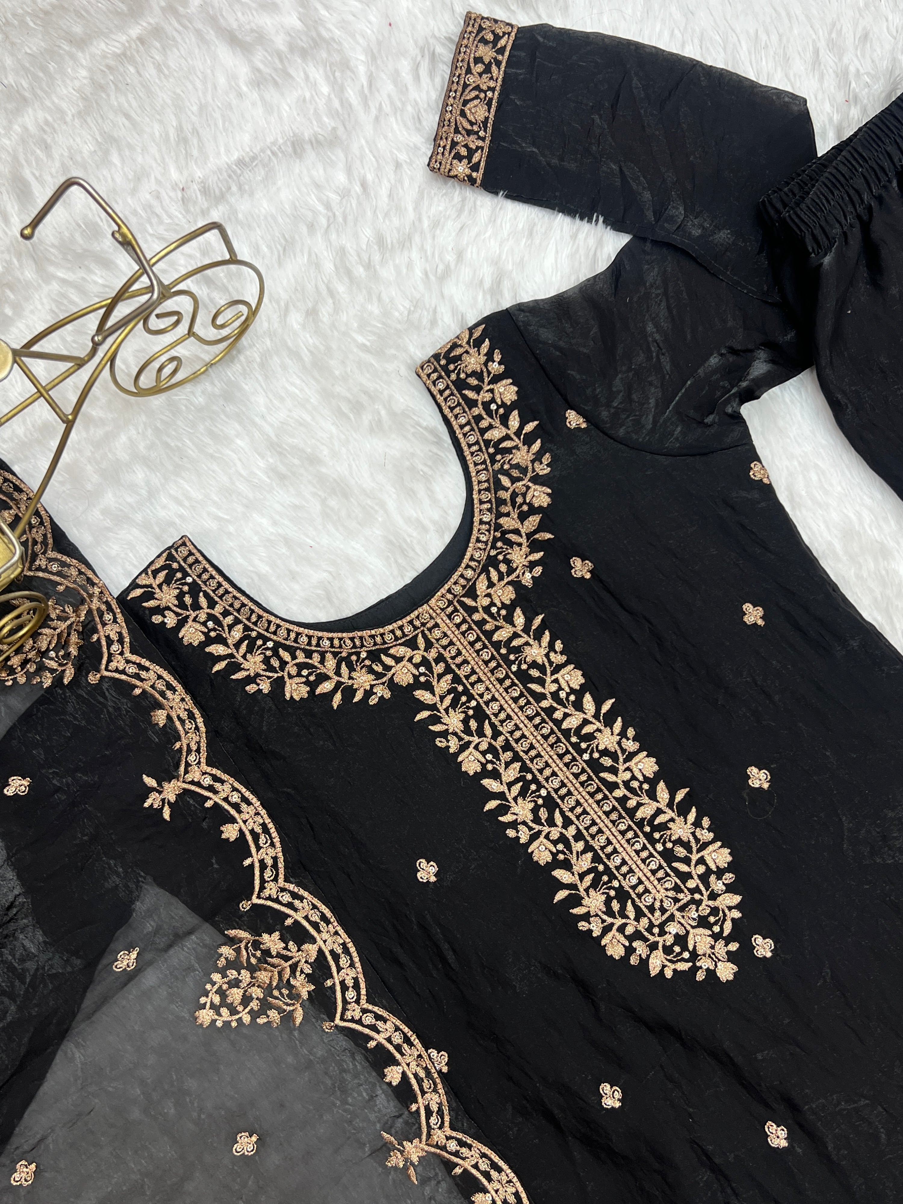 Crunchy Silk Embroidered Kurta-Sharara Set – Black