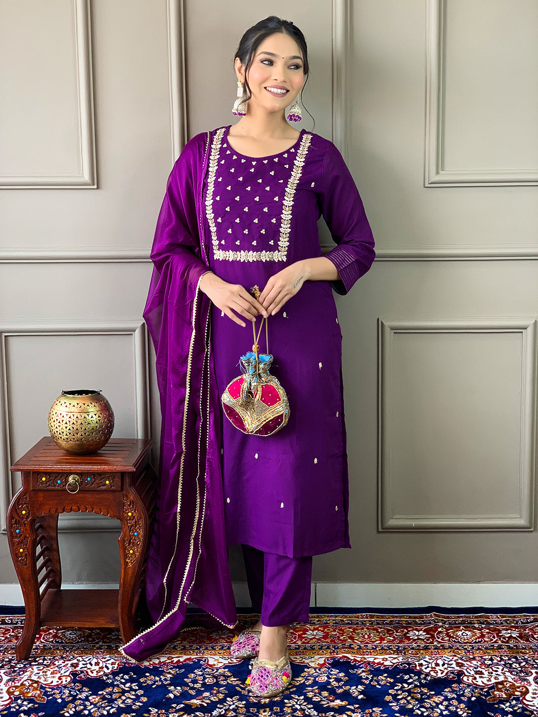 Rayon Slub Embroidered Kurta Pant Dupatta Set – Violet