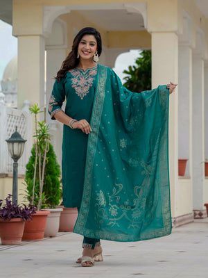 Premium Roman Silk Embroidered Straight Kurti Set – Rama Green