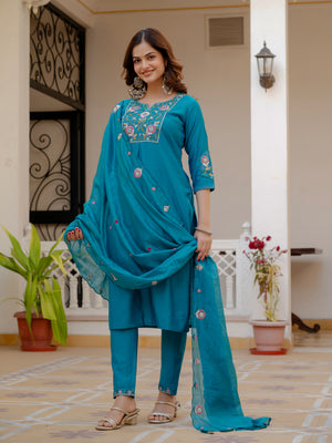 Pure Viscose Mango Silk Embroidered Straight Kurti Set – Firozi