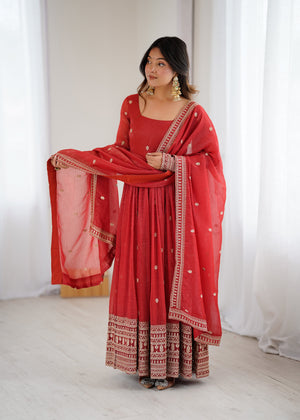 Crunchy Silk Embroidered Gown Set – Rust