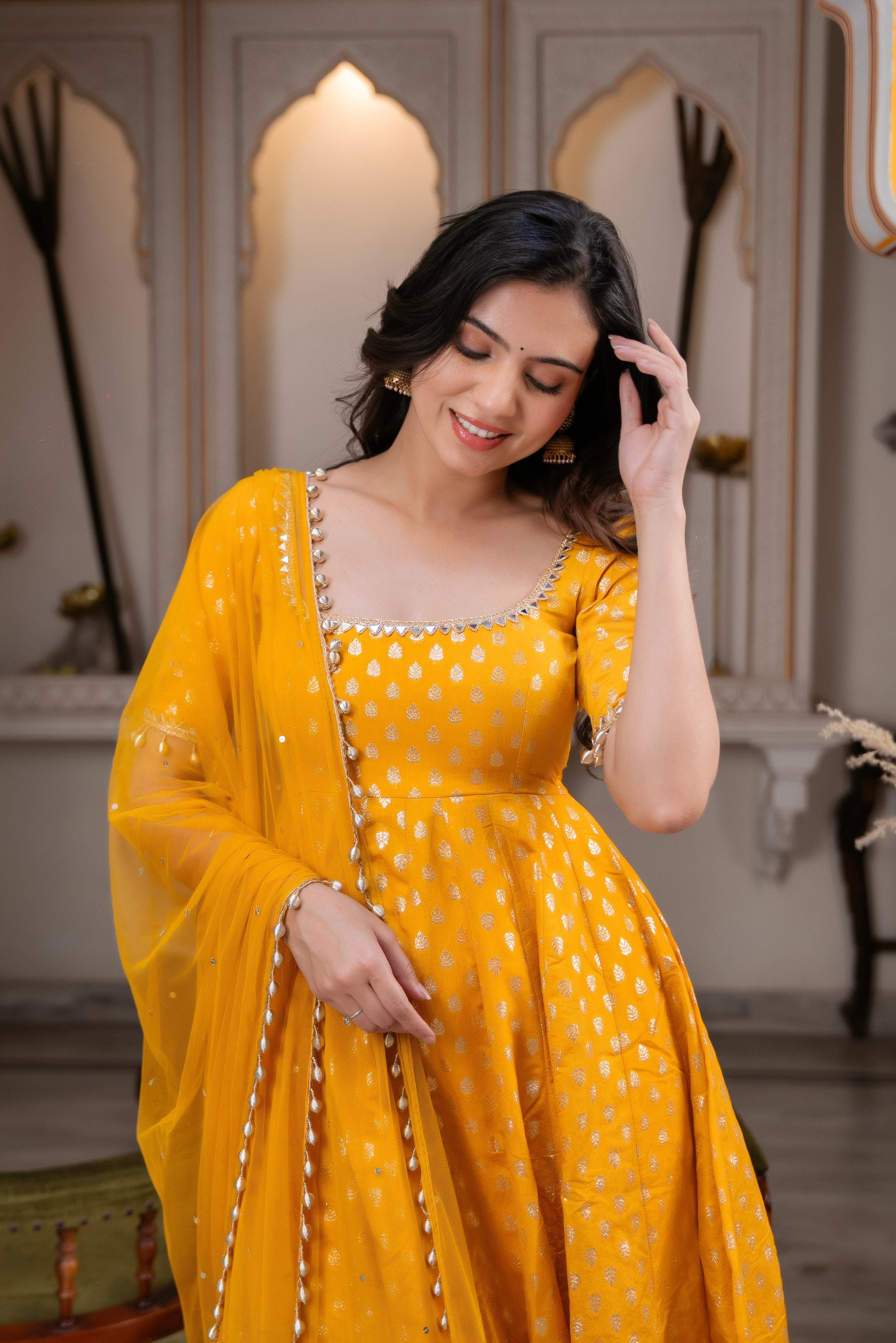 Chanderi Jacquard Embroidered Anarkali + Pant Set – Mustard Yellow
