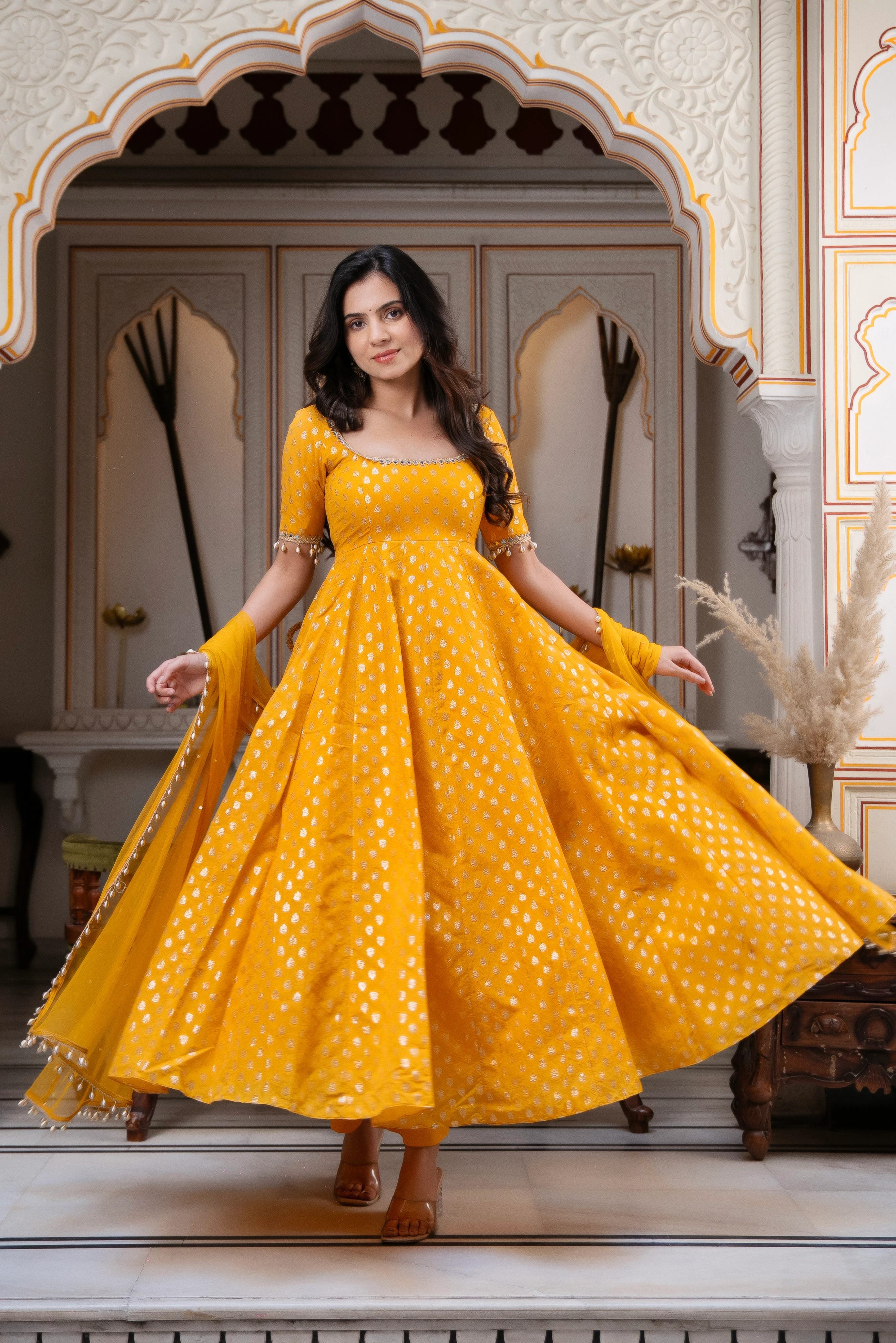 Chanderi Jacquard Embroidered Anarkali + Pant Set – Mustard Yellow