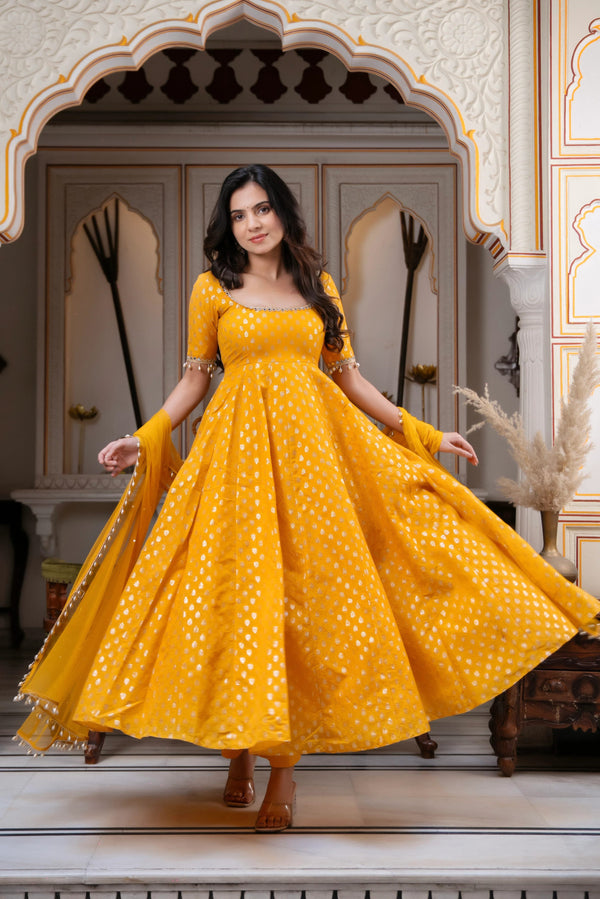 Chanderi Jacquard Embroidered Anarkali + Pant Set – Mustard Yellow